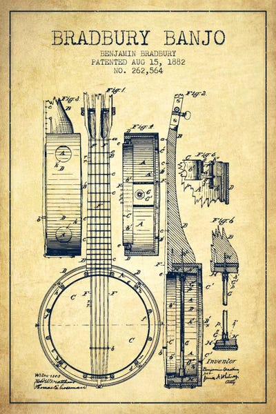 Music Blueprints: Banjo Vintage Patent Blueprint by Aged Pixel