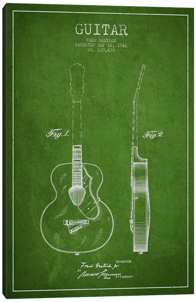Guitar Green Patent Blueprint Canvas Art Print - Musical Instrument Art