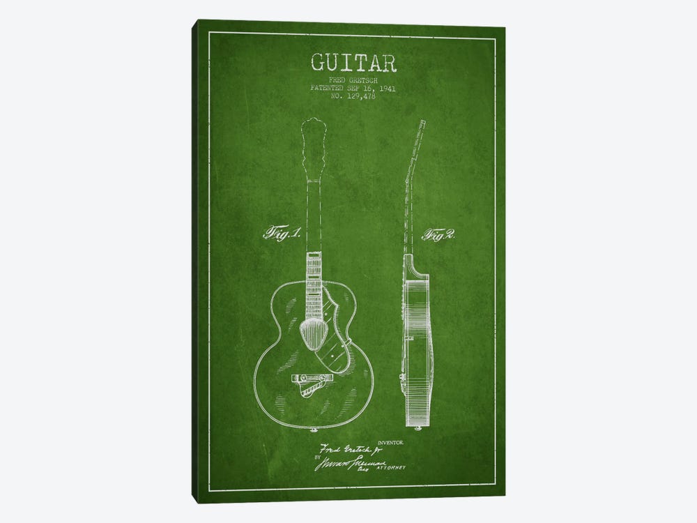 Guitar Green Patent Blueprint by Aged Pixel 1-piece Canvas Art Print