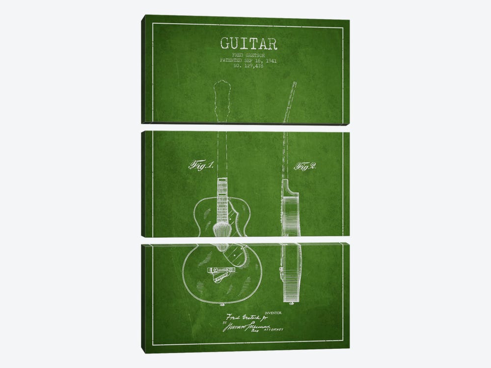Guitar Green Patent Blueprint by Aged Pixel 3-piece Art Print