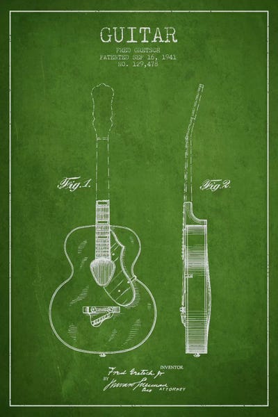 Music Blueprints: Guitar Green Patent Blueprint by Aged Pixel