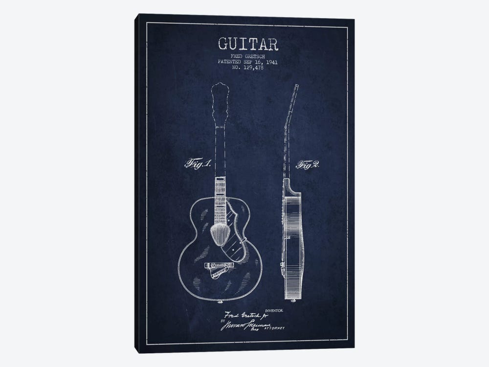 Guitar Navy Blue Patent Blueprint by Aged Pixel 1-piece Canvas Wall Art