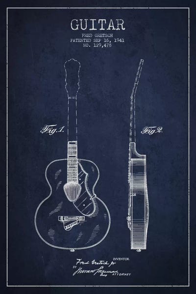 Music Blueprints: Guitar Navy Blue Patent Blueprint by Aged Pixel