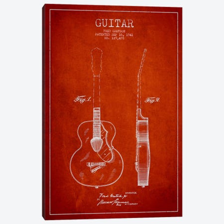 Guitar Red Patent Blueprint Canvas Print #ADP852} by Aged Pixel Canvas Wall Art