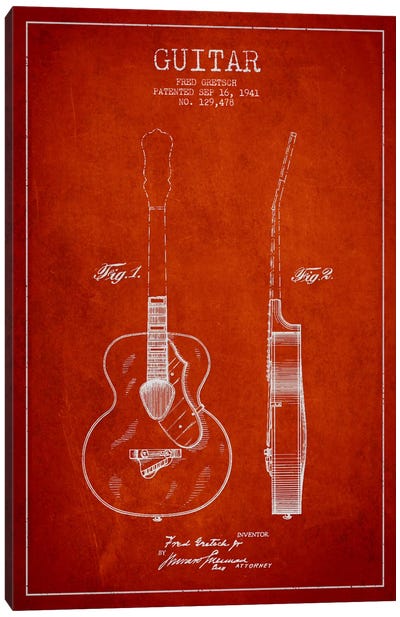 Guitar Red Patent Blueprint Canvas Art Print - Aged Pixel: Music
