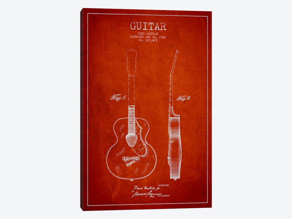 Guitar Red Patent Blueprint 1-piece Canvas Print