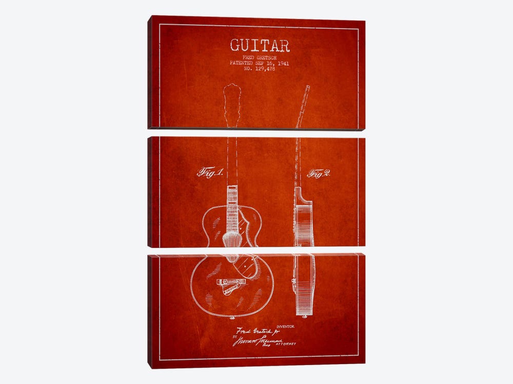 Guitar Red Patent Blueprint by Aged Pixel 3-piece Canvas Print