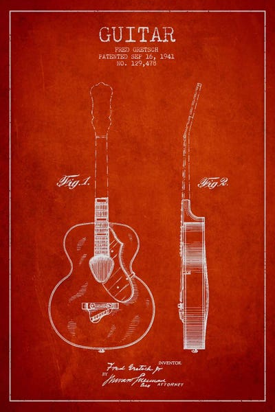 Music Blueprints: Guitar Red Patent Blueprint by Aged Pixel