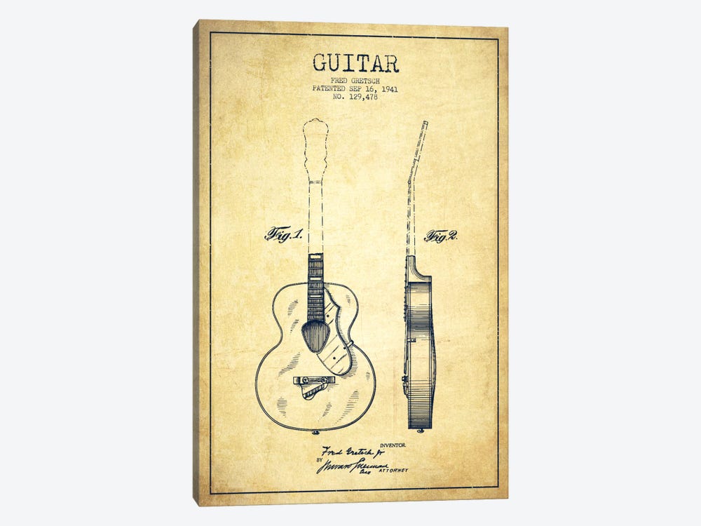 Guitar Vintage Patent Blueprint by Aged Pixel 1-piece Canvas Wall Art