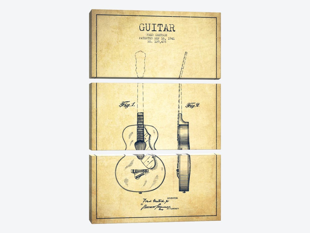 Guitar Vintage Patent Blueprint by Aged Pixel 3-piece Canvas Artwork