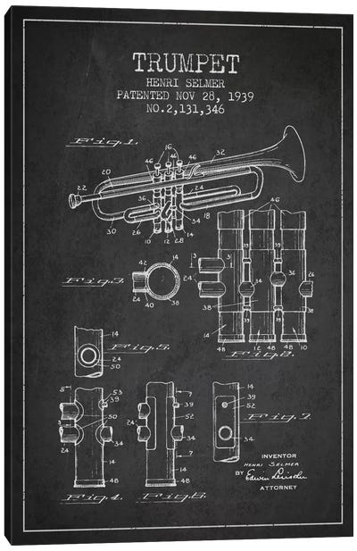 Trumpet Charcoal Patent Blueprint Canvas Art Print - Aged Pixel: Music