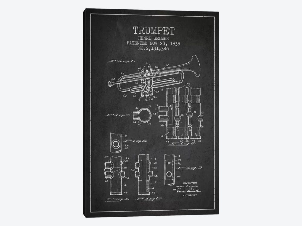Trumpet Charcoal Patent Blueprint by Aged Pixel 1-piece Art Print