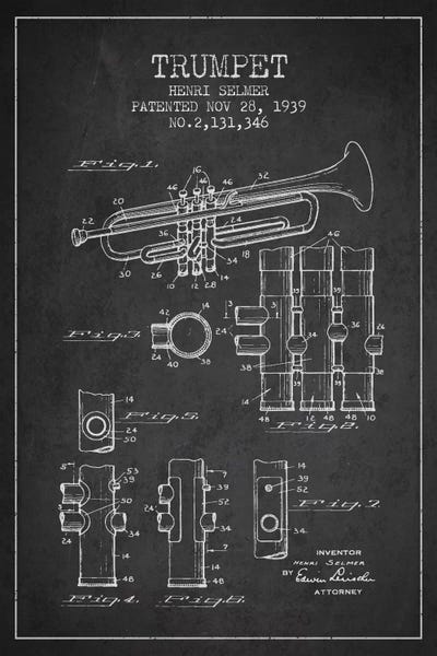 Music Blueprints: Trumpet Charcoal Patent Blueprint by Aged Pixel