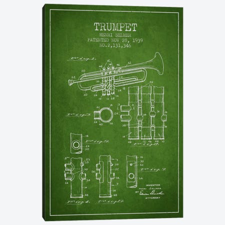 Trumpet Green Patent Blueprint Canvas Print #ADP855} by Aged Pixel Canvas Print