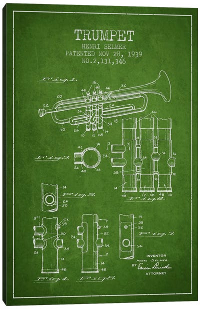 Trumpet Green Patent Blueprint Canvas Art Print - Music Blueprints