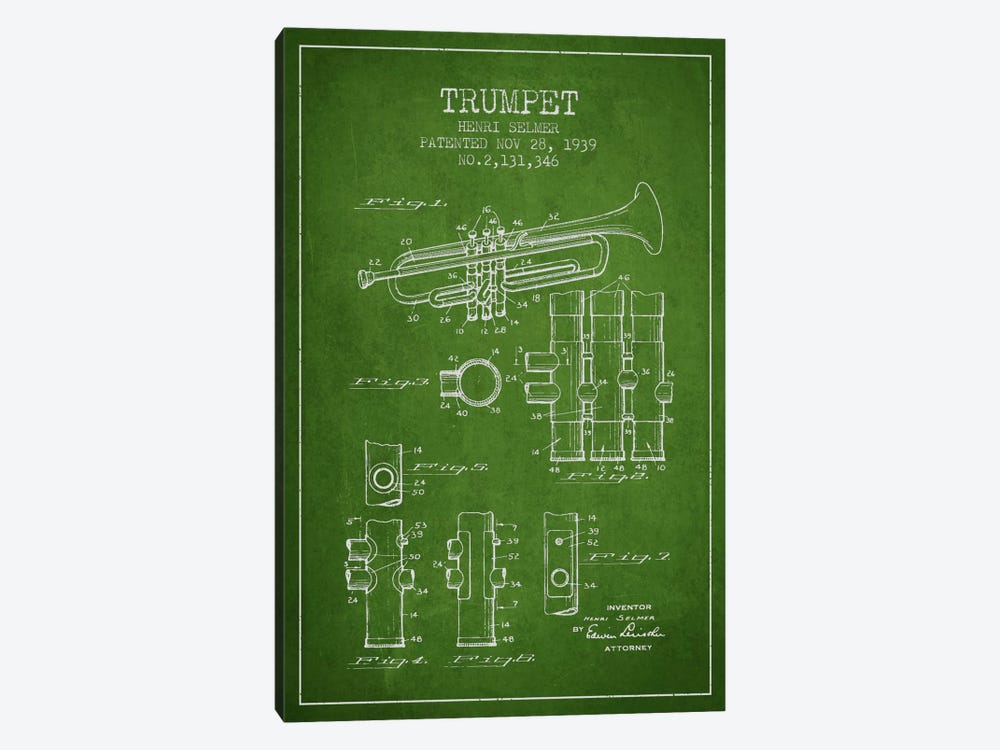 Trumpet Green Patent Blueprint by Aged Pixel 1-piece Canvas Art