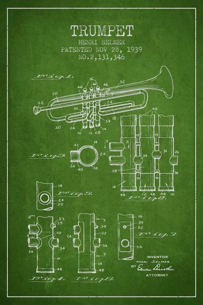 Music Blueprints: Trumpet Green Patent Blueprint by Aged Pixel