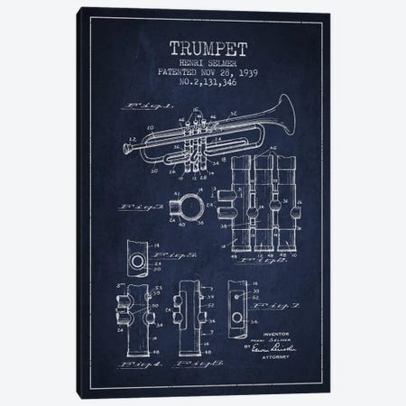 Trumpet Navy Blue Patent Blueprint Canvas Print #ADP856} by Aged Pixel Canvas Art Print