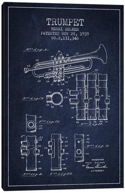 Trumpet Navy Blue Patent Blueprint Canvas Art Print - Music Blueprints
