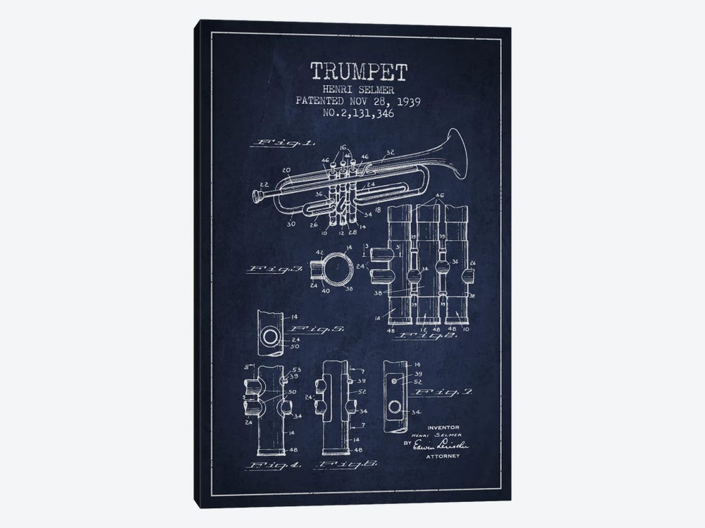 Trumpet Navy Blue Patent Blueprint by Aged Pixel 1-piece Canvas Print