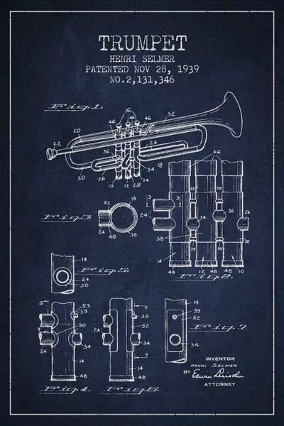 Aged Pixel: Trumpet Navy Blue Patent Blueprint by Aged Pixel