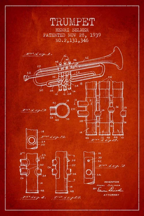 Trumpet Red Patent Blueprint by Aged Pixel wall art