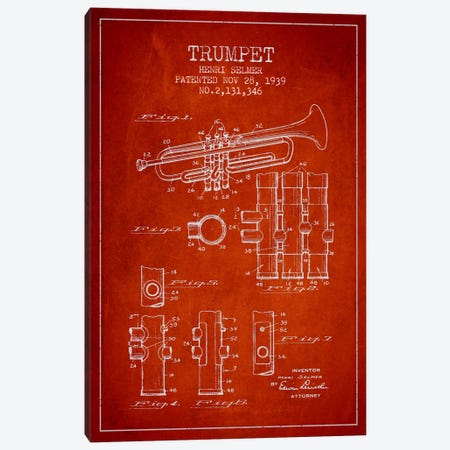Trumpet Red Patent Blueprint Canvas Print #ADP857} by Aged Pixel Art Print