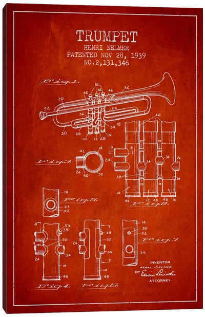 Trumpet Red Patent Blueprint Canvas Art Print - Aged Pixel: Music