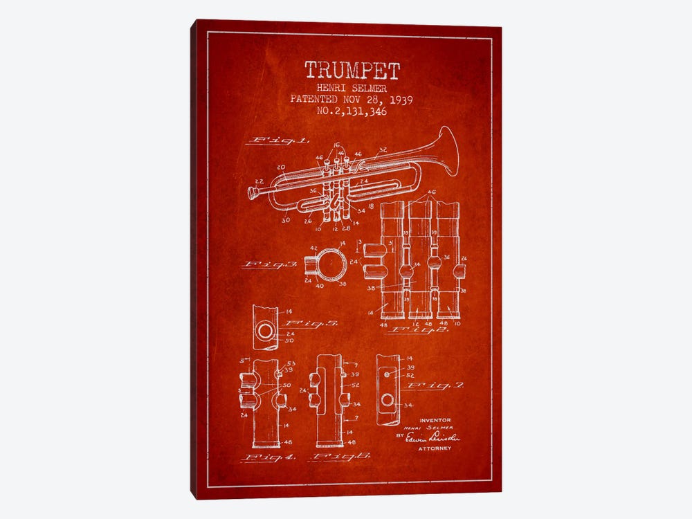 Trumpet Red Patent Blueprint by Aged Pixel 1-piece Canvas Wall Art