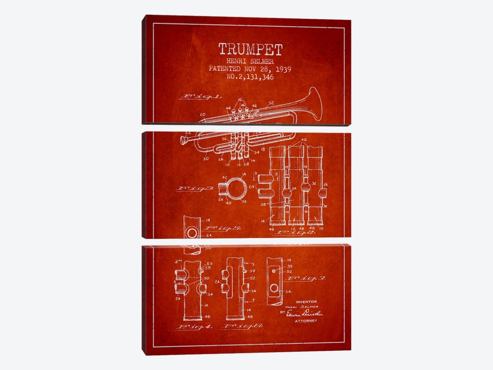 Trumpet Red Patent Blueprint by Aged Pixel 3-piece Canvas Wall Art