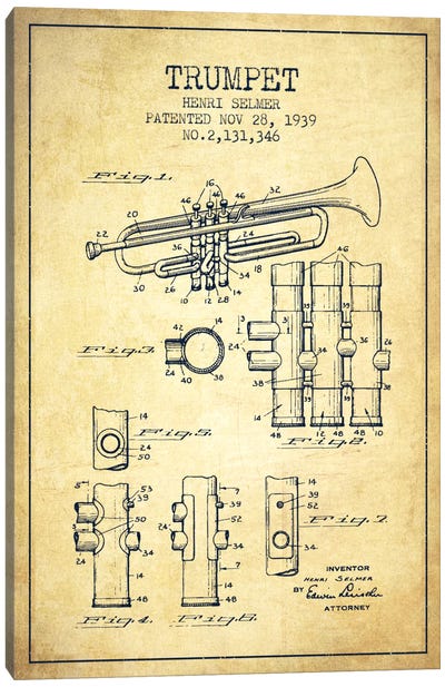 Trumpet Vintage Patent Blueprint Canvas Art Print - Aged Pixel: Music