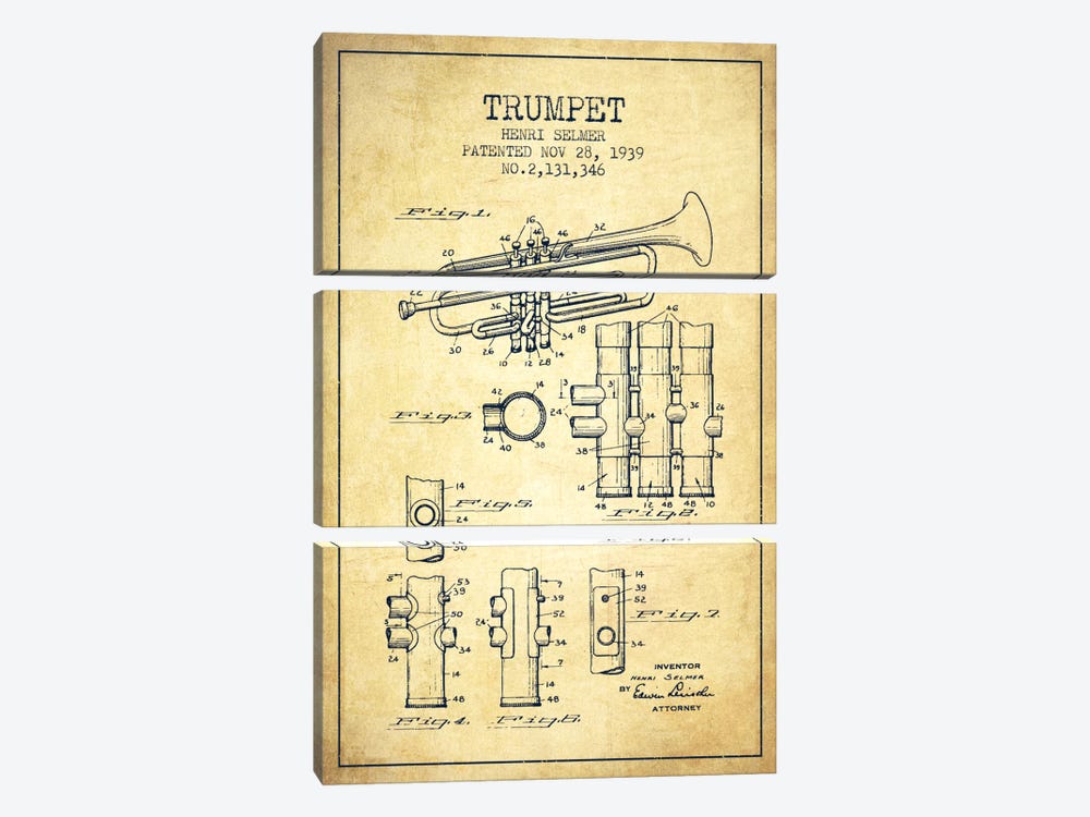 Trumpet Vintage Patent Blueprint by Aged Pixel 3-piece Canvas Art Print