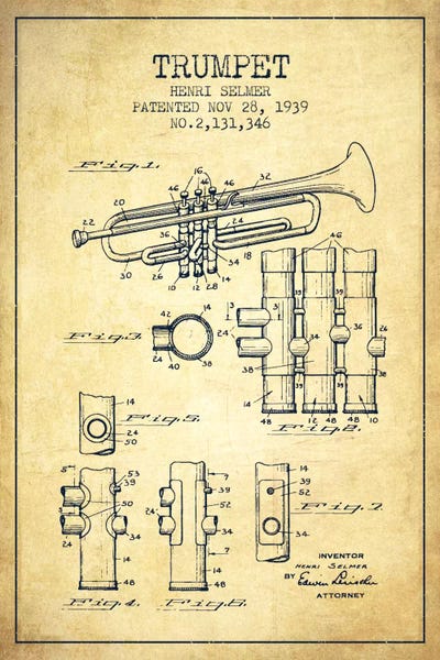 Music Blueprints: Trumpet Vintage Patent Blueprint by Aged Pixel