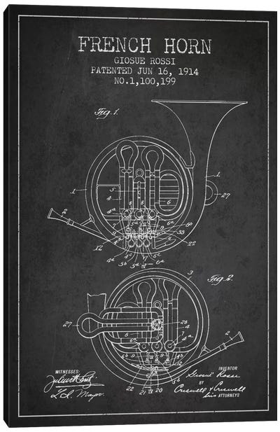Horn Charcoal Patent Blueprint Canvas Art Print - Aged Pixel: Music