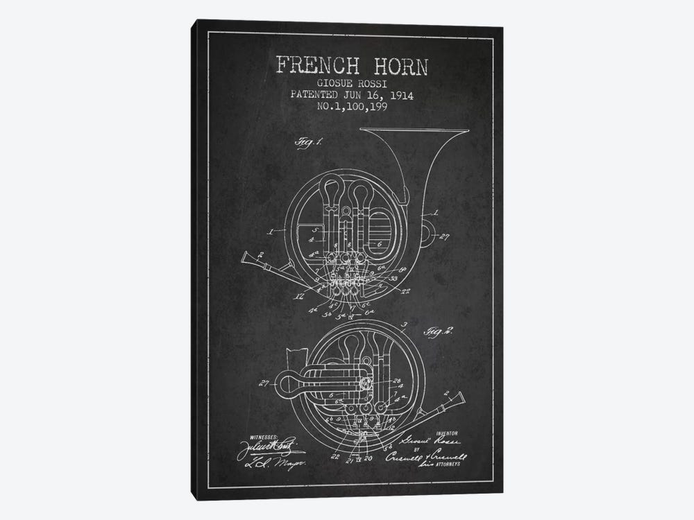 Horn Charcoal Patent Blueprint by Aged Pixel 1-piece Canvas Art