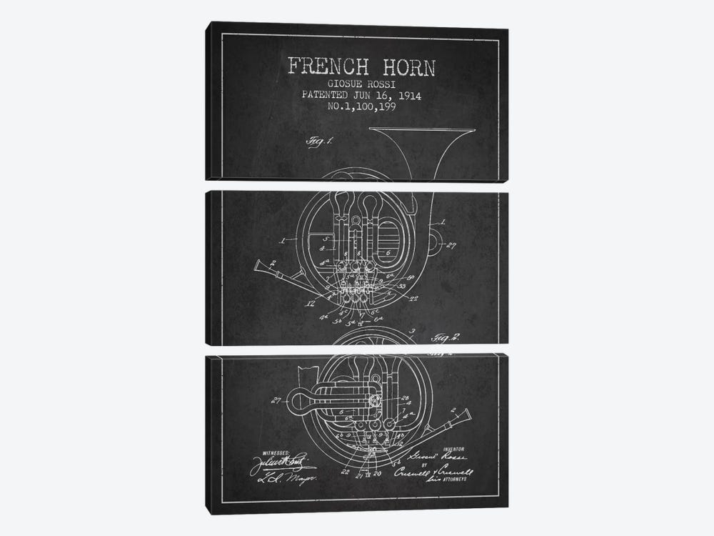 Horn Charcoal Patent Blueprint by Aged Pixel 3-piece Canvas Art