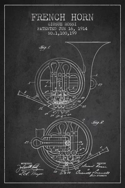 Music Blueprints: Horn Charcoal Patent Blueprint by Aged Pixel