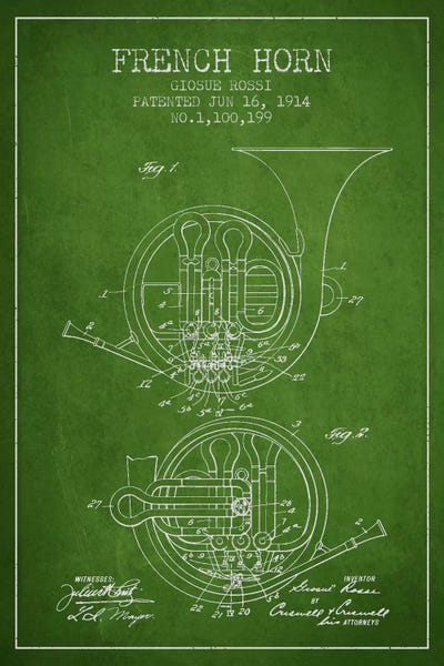Horn Green Patent Blueprint by Aged Pixel acrylic art print