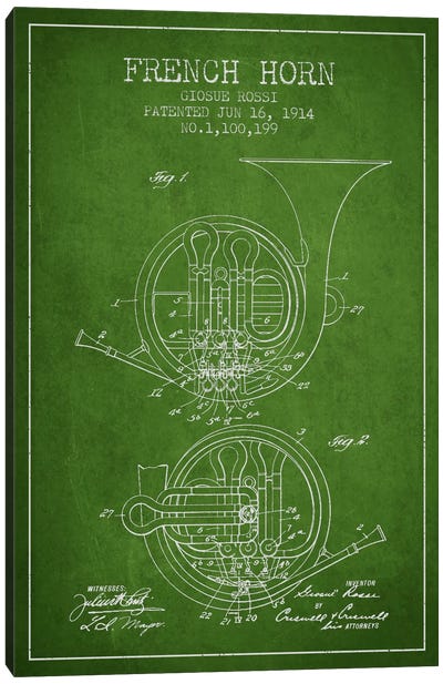 Horn Green Patent Blueprint Canvas Art Print - Aged Pixel: Music