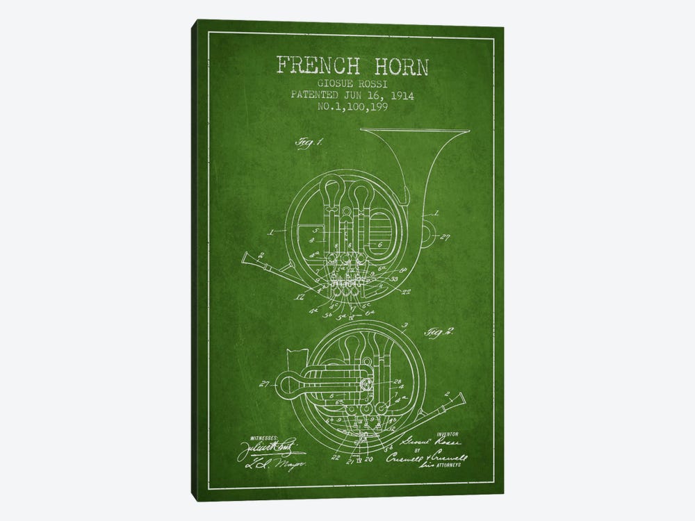Horn Green Patent Blueprint by Aged Pixel 1-piece Canvas Art