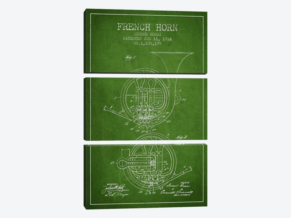 Horn Green Patent Blueprint by Aged Pixel 3-piece Canvas Art