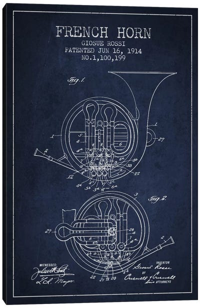 Horn Navy Blue Patent Blueprint Canvas Art Print - Classical Music Art