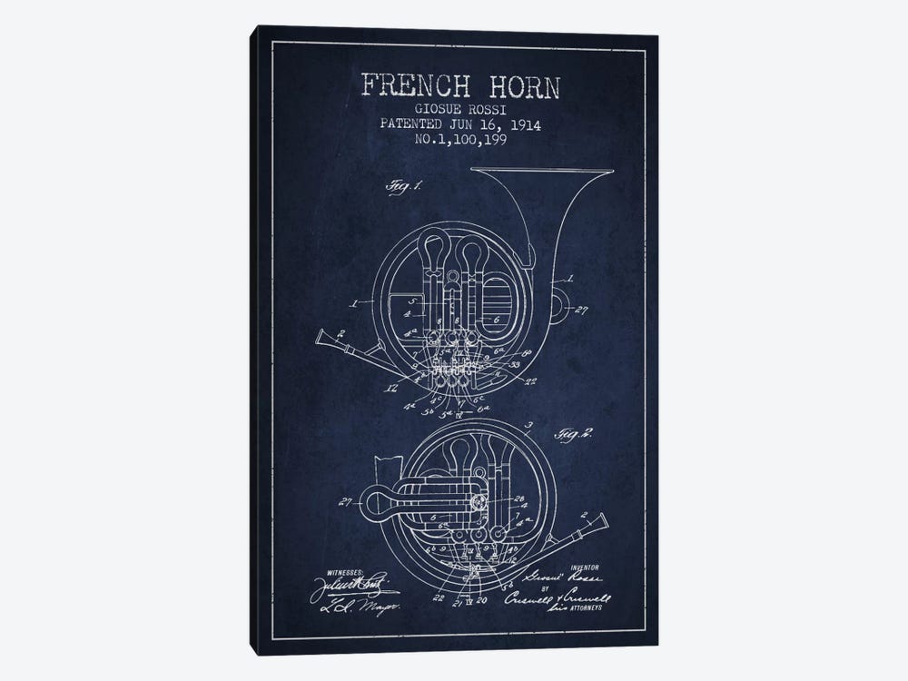 Horn Navy Blue Patent Blueprint by Aged Pixel 1-piece Art Print