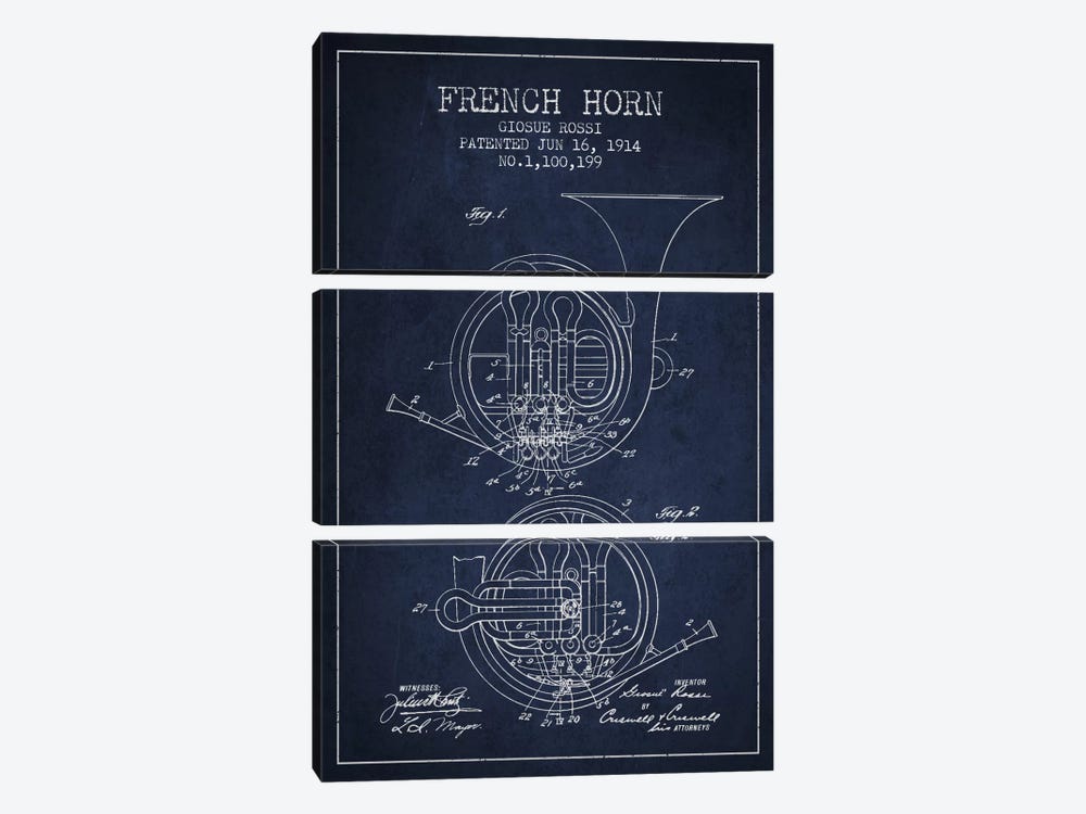 Horn Navy Blue Patent Blueprint by Aged Pixel 3-piece Canvas Art Print