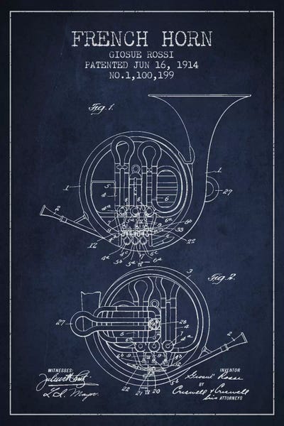 Music Blueprints: Horn Navy Blue Patent Blueprint by Aged Pixel