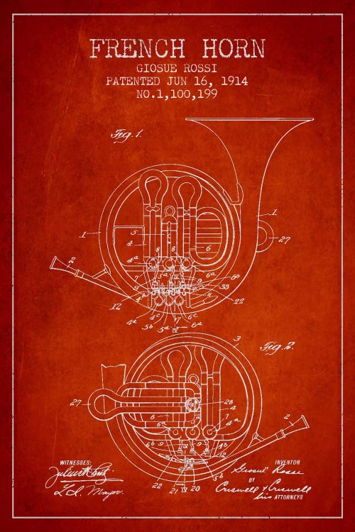 Horn Red Patent Blueprint by Aged Pixel wall art