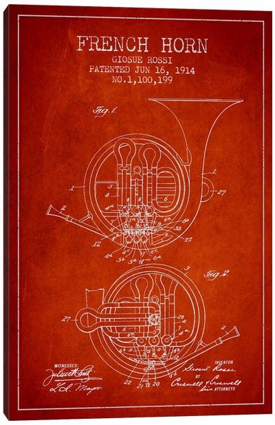 Horn Red Patent Blueprint Canvas Art Print - Music Blueprints
