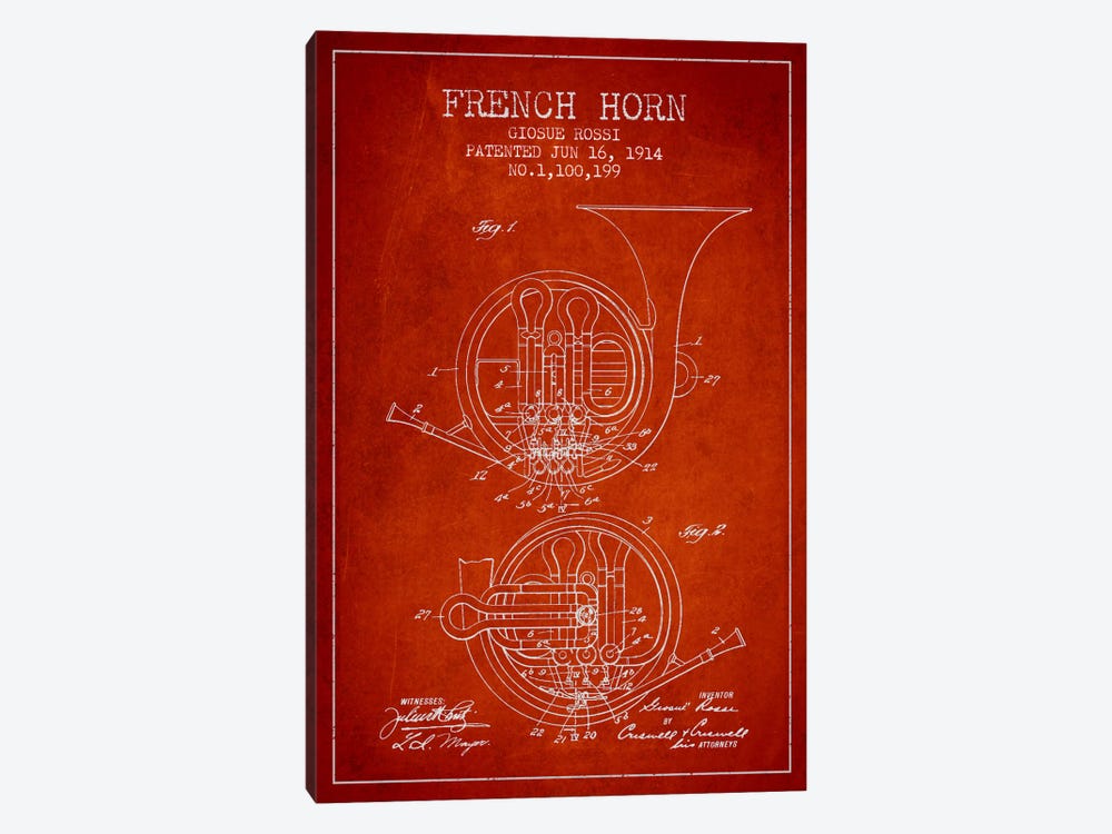 Horn Red Patent Blueprint by Aged Pixel 1-piece Canvas Artwork