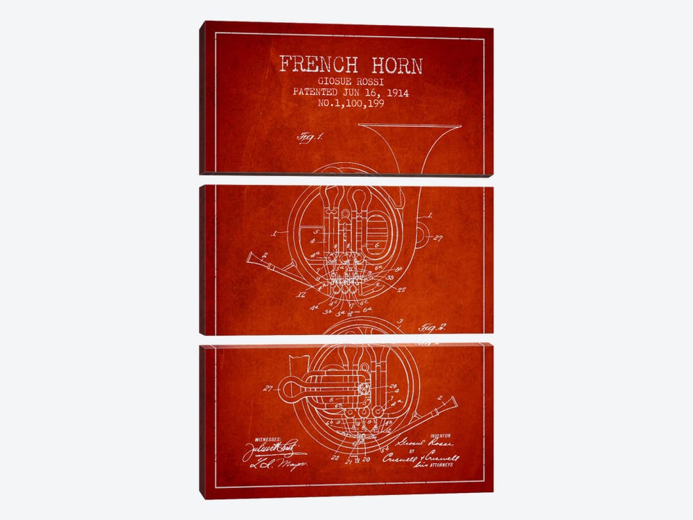 Horn Red Patent Blueprint by Aged Pixel 3-piece Canvas Art