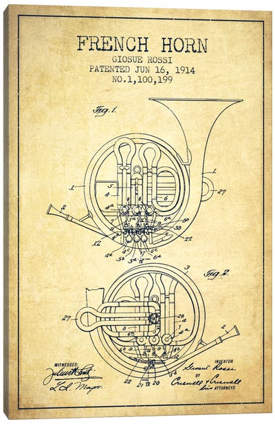 Horn Vintage Patent Blueprint Canvas Art Print - Aged Pixel: Music